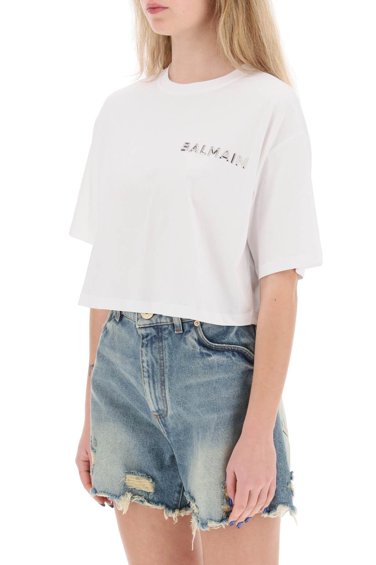 Balmain - Cropped T-Shirt With Metallic Logo - Princess Attitude