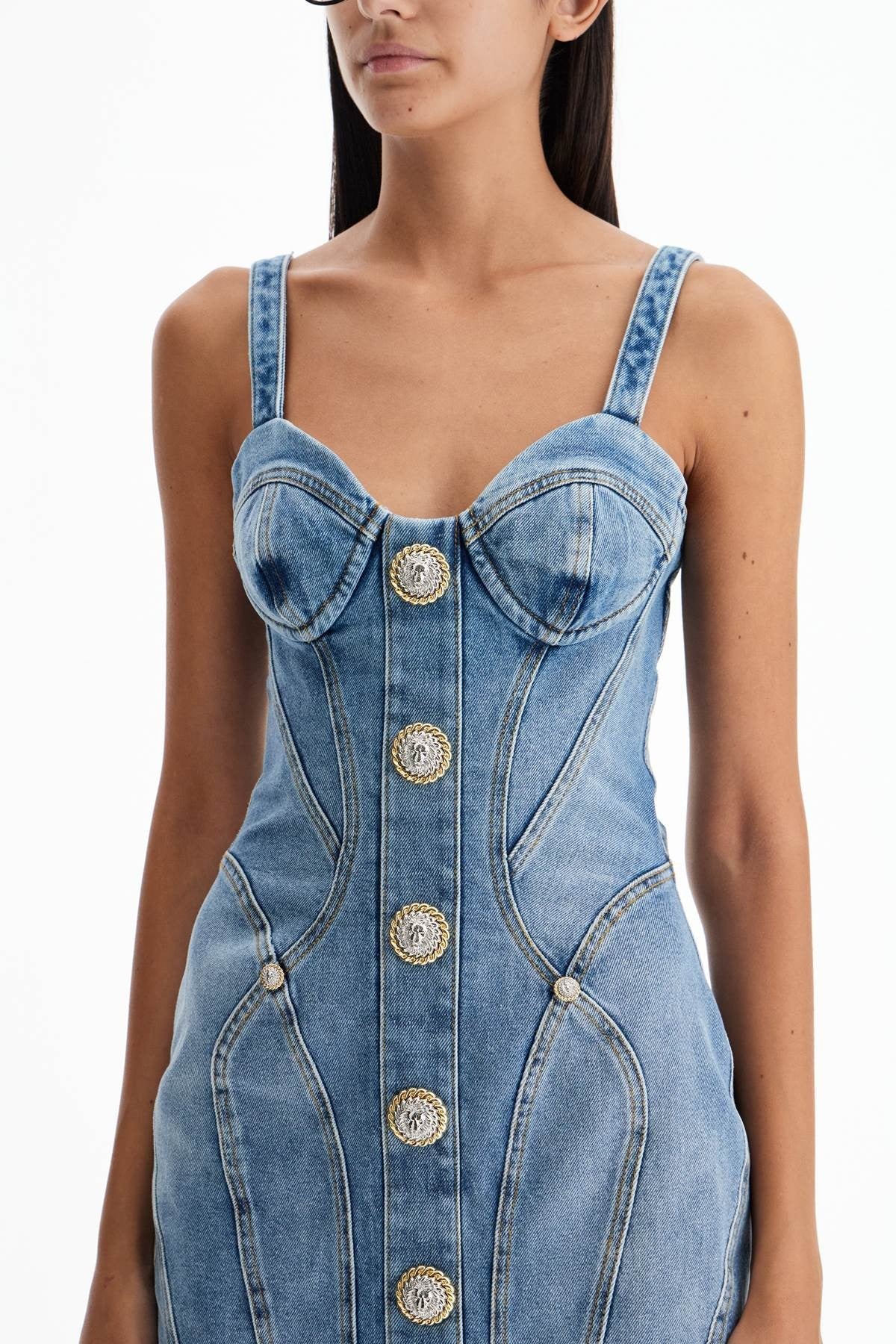 Balmain - Mini Denim Dress With Decorative Buttons - Princess Attitude