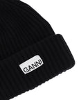 Ganni - Beanie Hat With Logo Patch