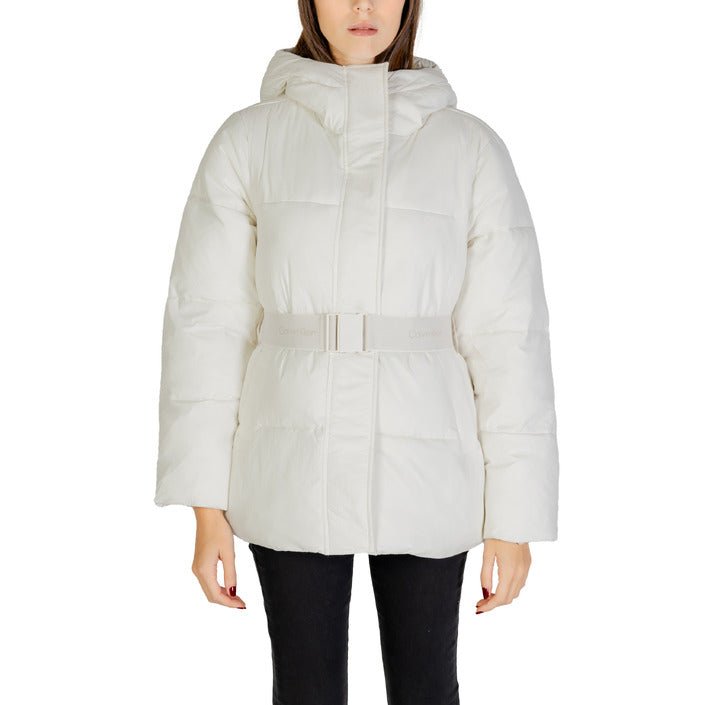 Calvin Klein Logo Belt Puffer Down Turtleneck Jacket White - Princess Attitude