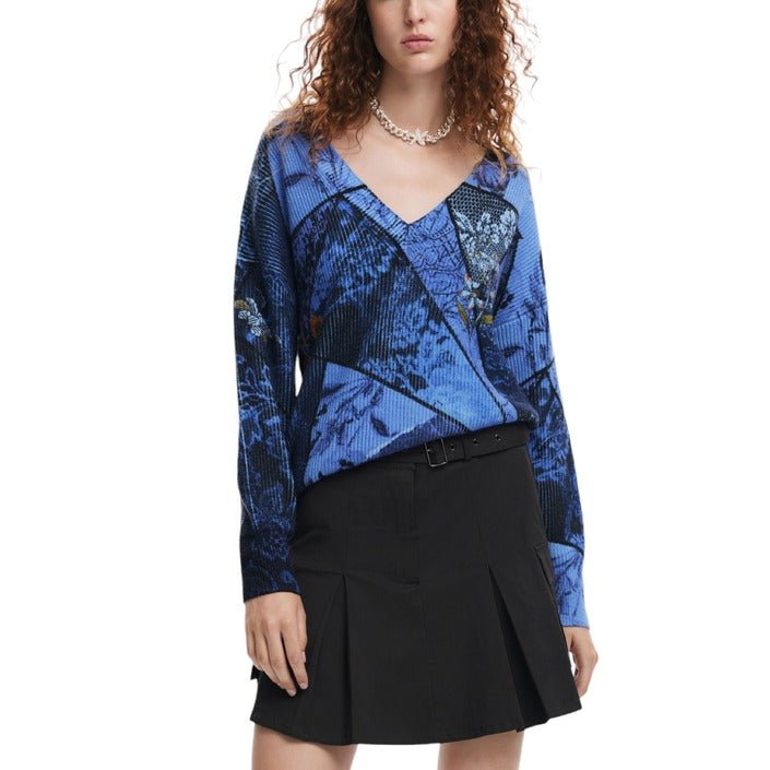 Desigual Arty Floral Print V - Neck Sweater Blue - Princess Attitude