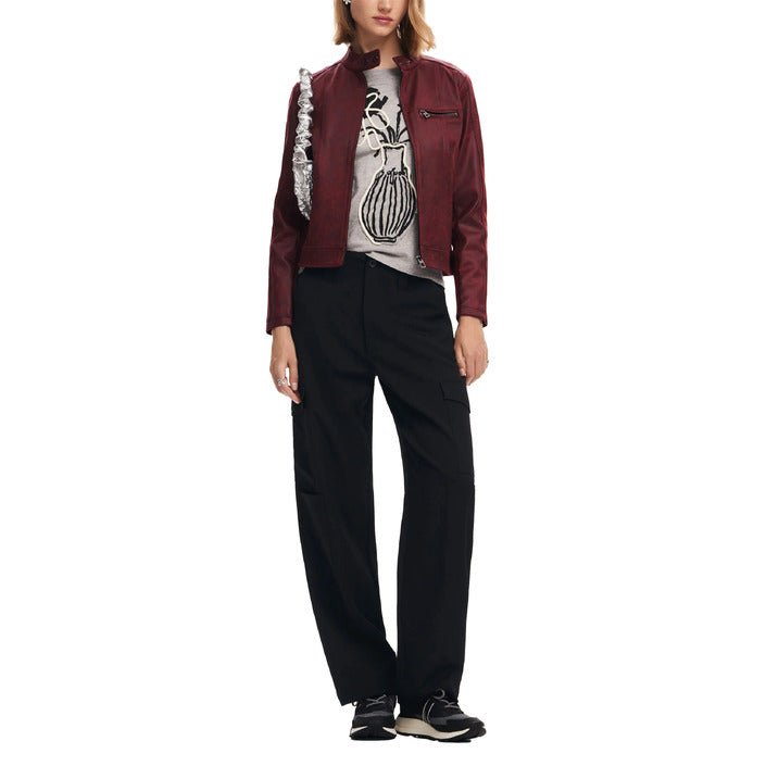 Desigual Faux Leather Moto Jacket Maroon - Princess Attitude