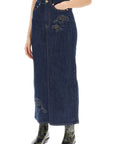 Ganni - Maxi Denim Skirt With Pink Embroidery